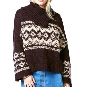 Free People Org $148 Sz S P Oversized 54% Wool Fair Isle Split Neck Sweater